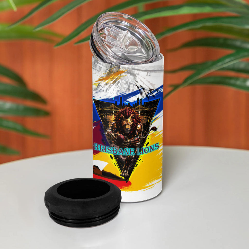 Personalised Brisbane Lions Football 4 in 1 Can Cooler Tumbler Australia City Skyline Graphic Fierce Mascot Art