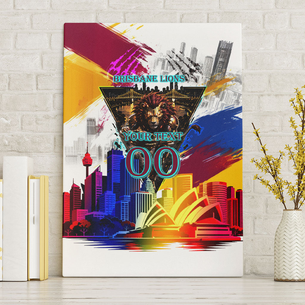 Personalised Brisbane Lions Football Canvas Wall Art Australia City Skyline Graphic Fierce Mascot Art