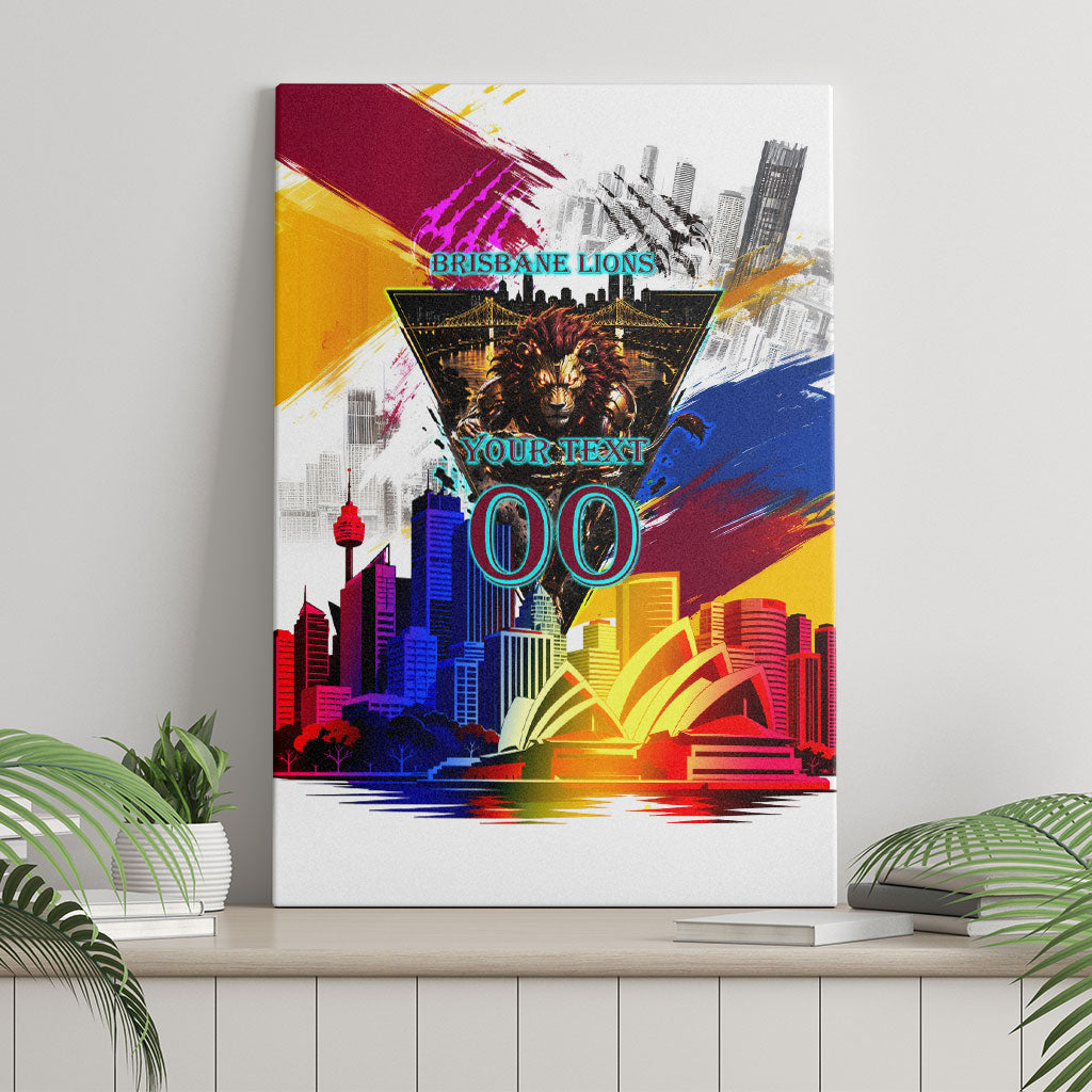 Personalised Brisbane Lions Football Canvas Wall Art Australia City Skyline Graphic Fierce Mascot Art