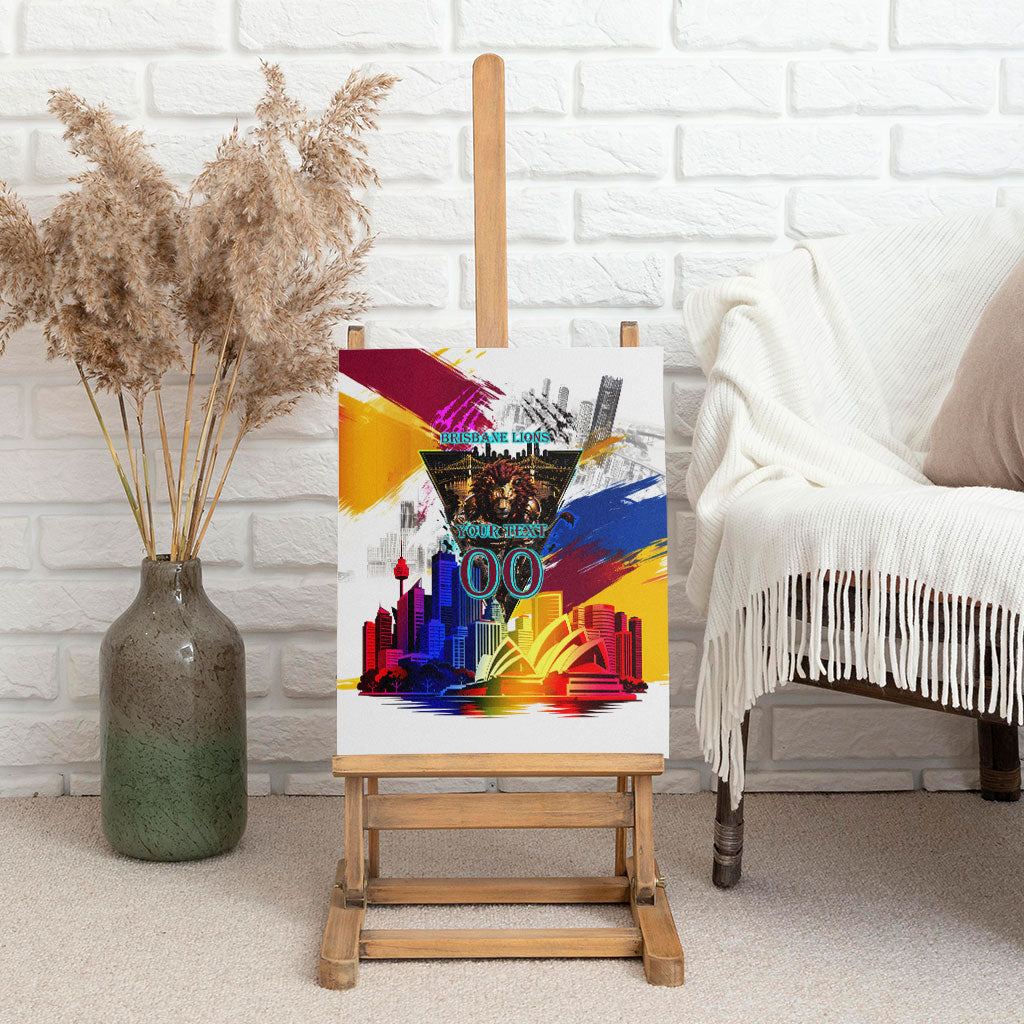 Personalised Brisbane Lions Football Canvas Wall Art Australia City Skyline Graphic Fierce Mascot Art