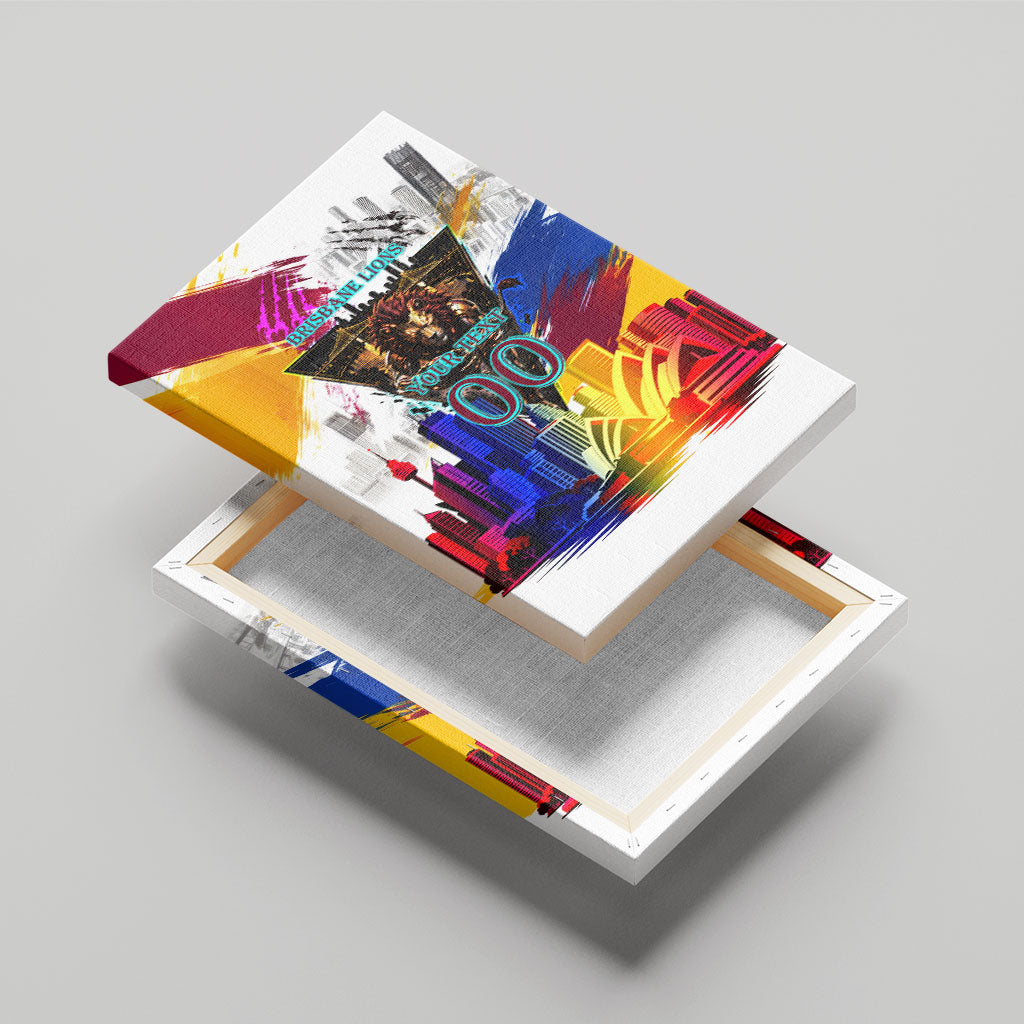 Personalised Brisbane Lions Football Canvas Wall Art Australia City Skyline Graphic Fierce Mascot Art