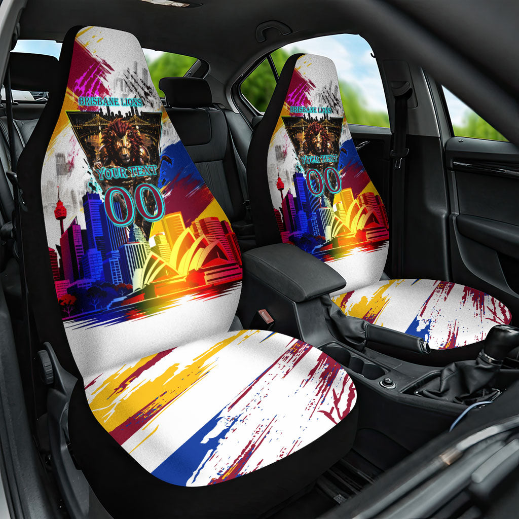 Personalised Brisbane Lions Football Car Seat Cover Australia City Skyline Graphic Fierce Mascot Art