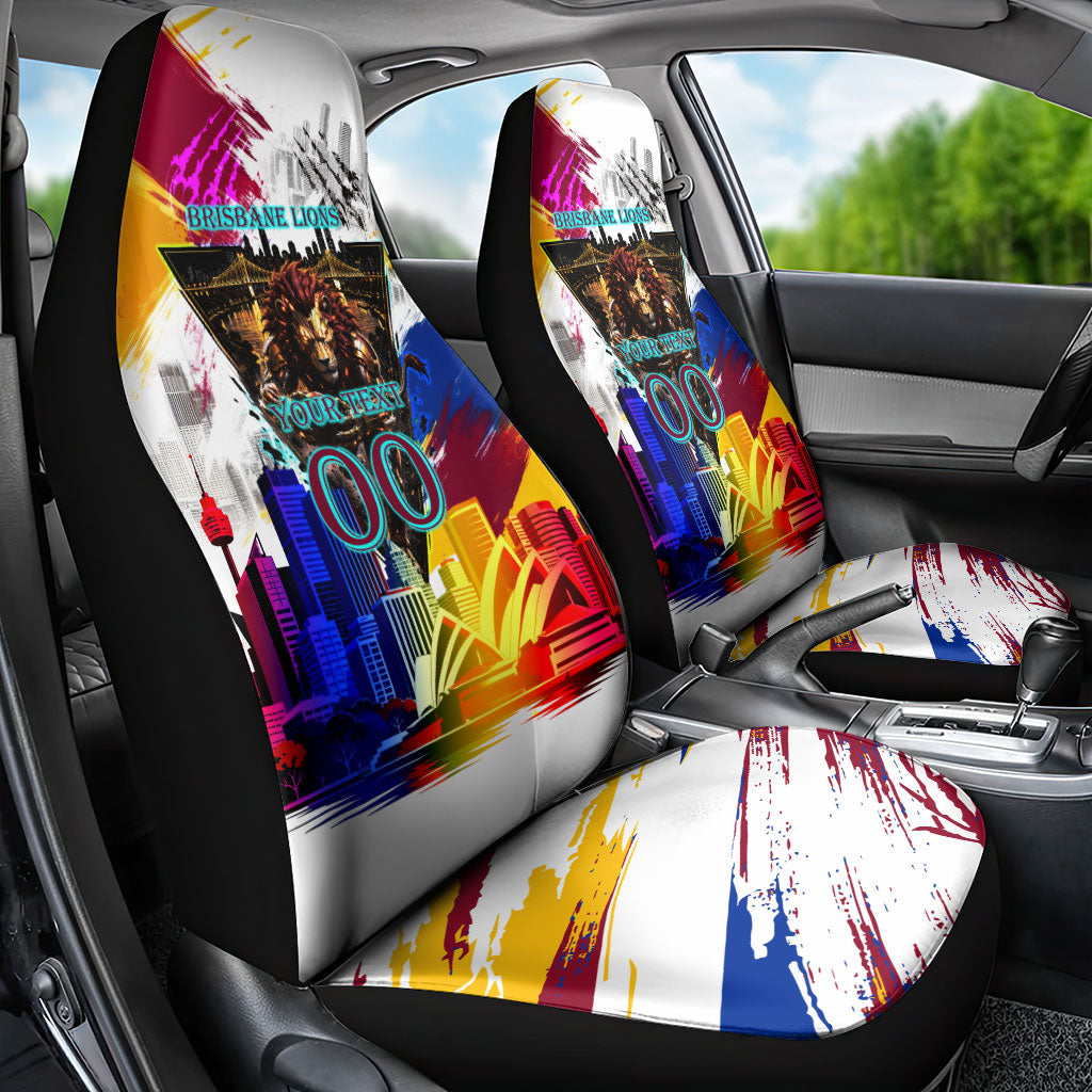 Personalised Brisbane Lions Football Car Seat Cover Australia City Skyline Graphic Fierce Mascot Art