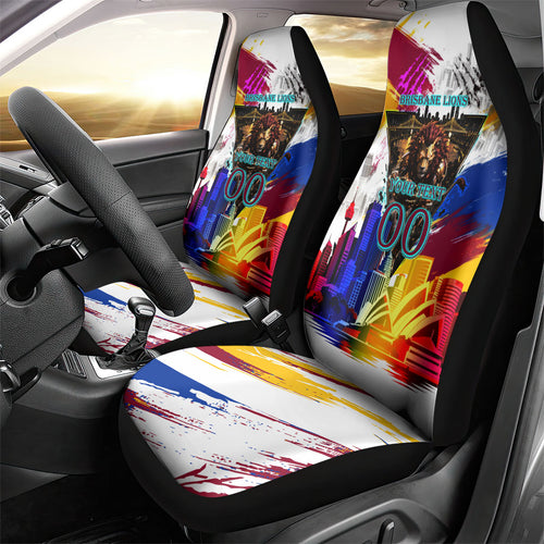 Personalised Brisbane Lions Football Car Seat Cover Australia City Skyline Graphic Fierce Mascot Art