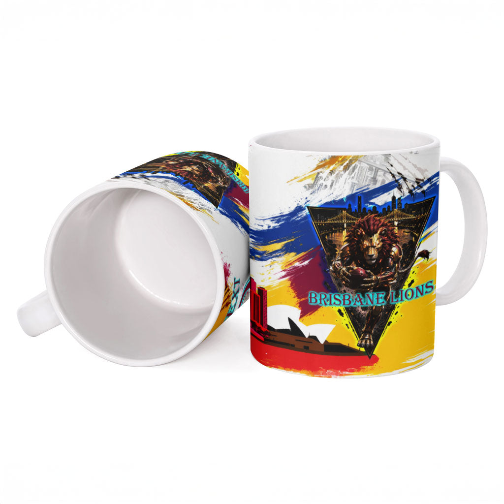 Personalised Brisbane Lions Football Ceramic Mug Australia City Skyline Graphic Fierce Mascot Art
