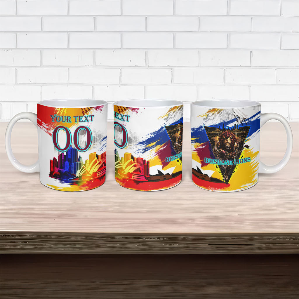 Personalised Brisbane Lions Football Ceramic Mug Australia City Skyline Graphic Fierce Mascot Art