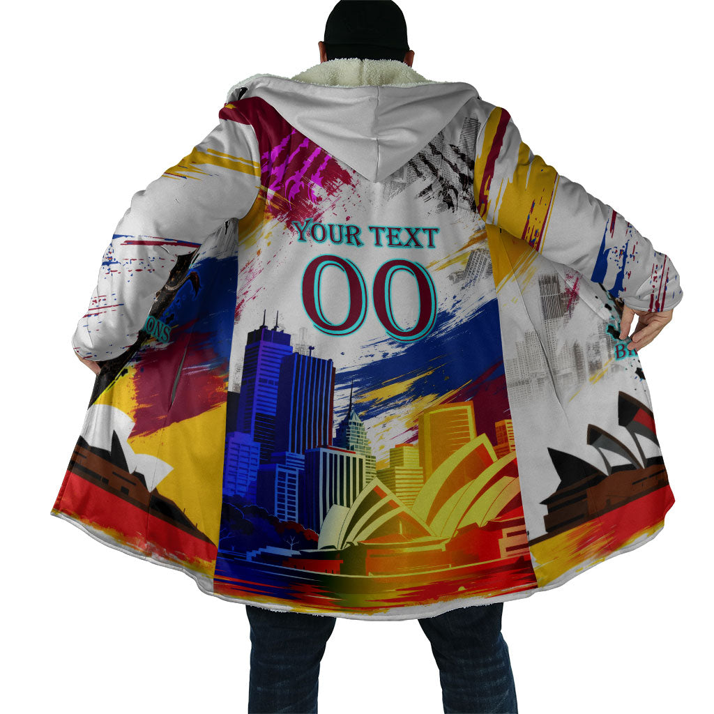 Personalised Brisbane Lions Football Cloak Australia City Skyline Graphic Fierce Mascot Art