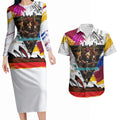 Personalised Brisbane Lions Football Couples Matching Long Sleeve Bodycon Dress and Hawaiian Shirt Australia City Skyline Graphic Fierce Mascot Art