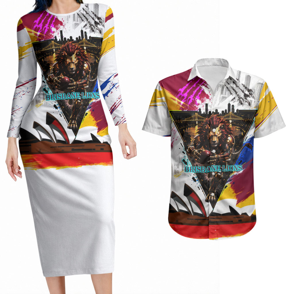 Personalised Brisbane Lions Football Couples Matching Long Sleeve Bodycon Dress and Hawaiian Shirt Australia City Skyline Graphic Fierce Mascot Art