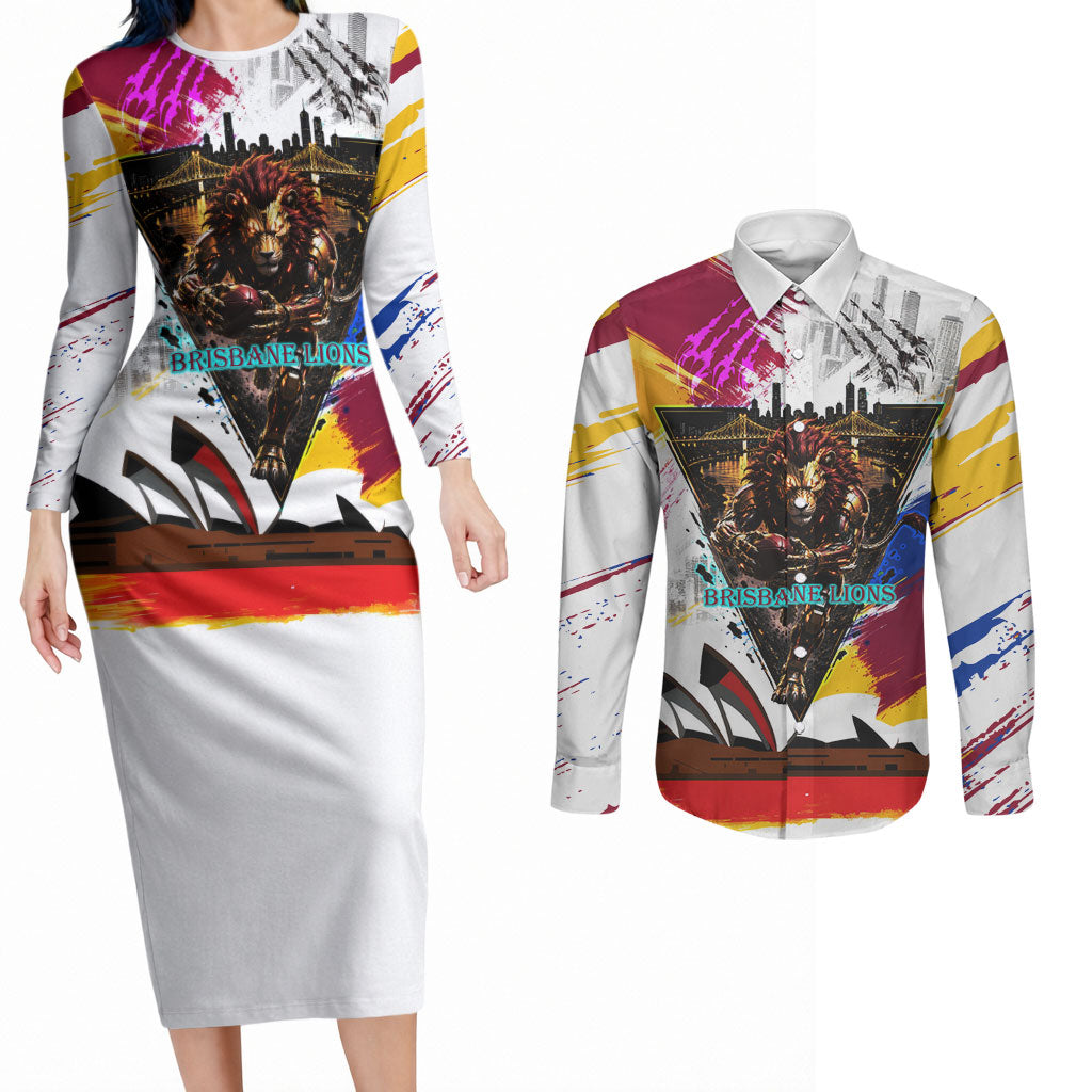 Personalised Brisbane Lions Football Couples Matching Long Sleeve Bodycon Dress and Long Sleeve Button Shirt Australia City Skyline Graphic Fierce Mascot Art