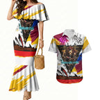 Personalised Brisbane Lions Football Couples Matching Mermaid Dress and Hawaiian Shirt Australia City Skyline Graphic Fierce Mascot Art