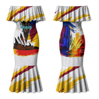 Personalised Brisbane Lions Football Couples Matching Mermaid Dress and Hawaiian Shirt Australia City Skyline Graphic Fierce Mascot Art