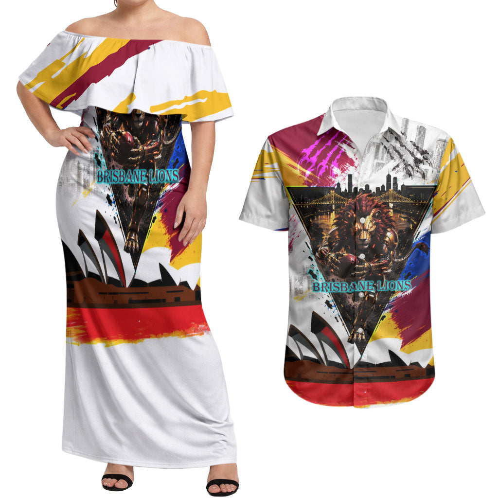 Personalised Brisbane Lions Football Couples Matching Off Shoulder Maxi Dress and Hawaiian Shirt Australia City Skyline Graphic Fierce Mascot Art