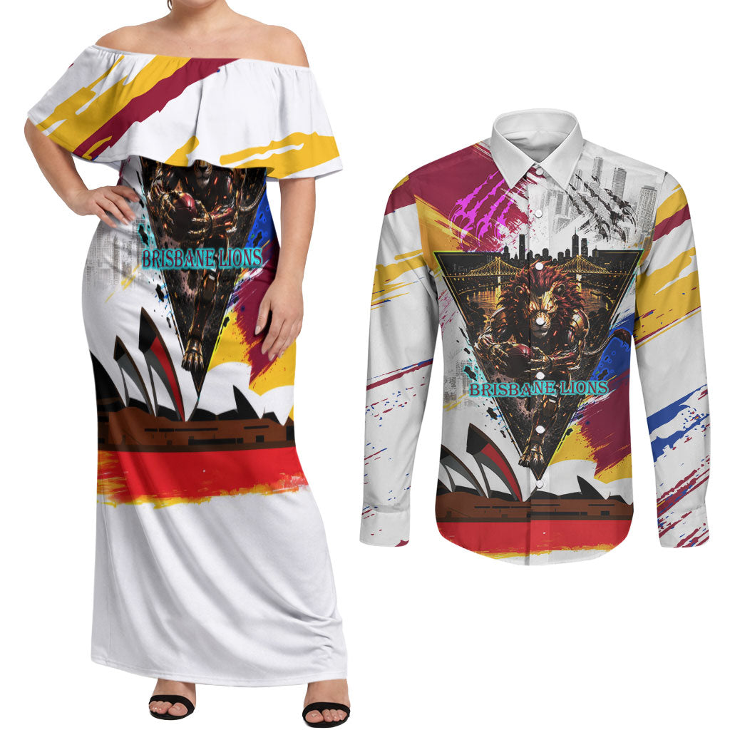 Personalised Brisbane Lions Football Couples Matching Off Shoulder Maxi Dress and Long Sleeve Button Shirt Australia City Skyline Graphic Fierce Mascot Art