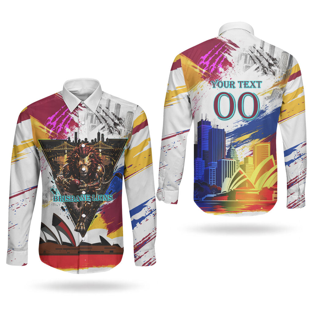 Personalised Brisbane Lions Football Couples Matching Off Shoulder Maxi Dress and Long Sleeve Button Shirt Australia City Skyline Graphic Fierce Mascot Art