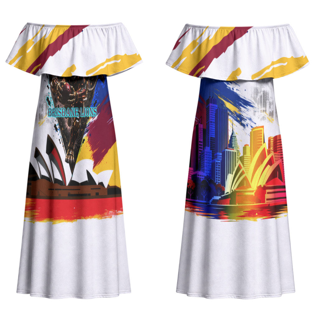 Personalised Brisbane Lions Football Couples Matching Off Shoulder Maxi Dress and Long Sleeve Button Shirt Australia City Skyline Graphic Fierce Mascot Art