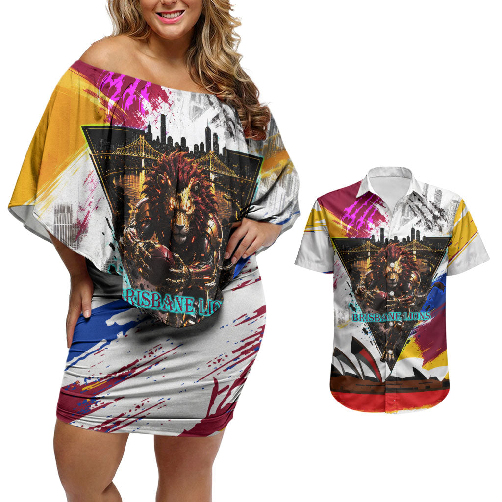 Personalised Brisbane Lions Football Couples Matching Off Shoulder Short Dress and Hawaiian Shirt Australia City Skyline Graphic Fierce Mascot Art