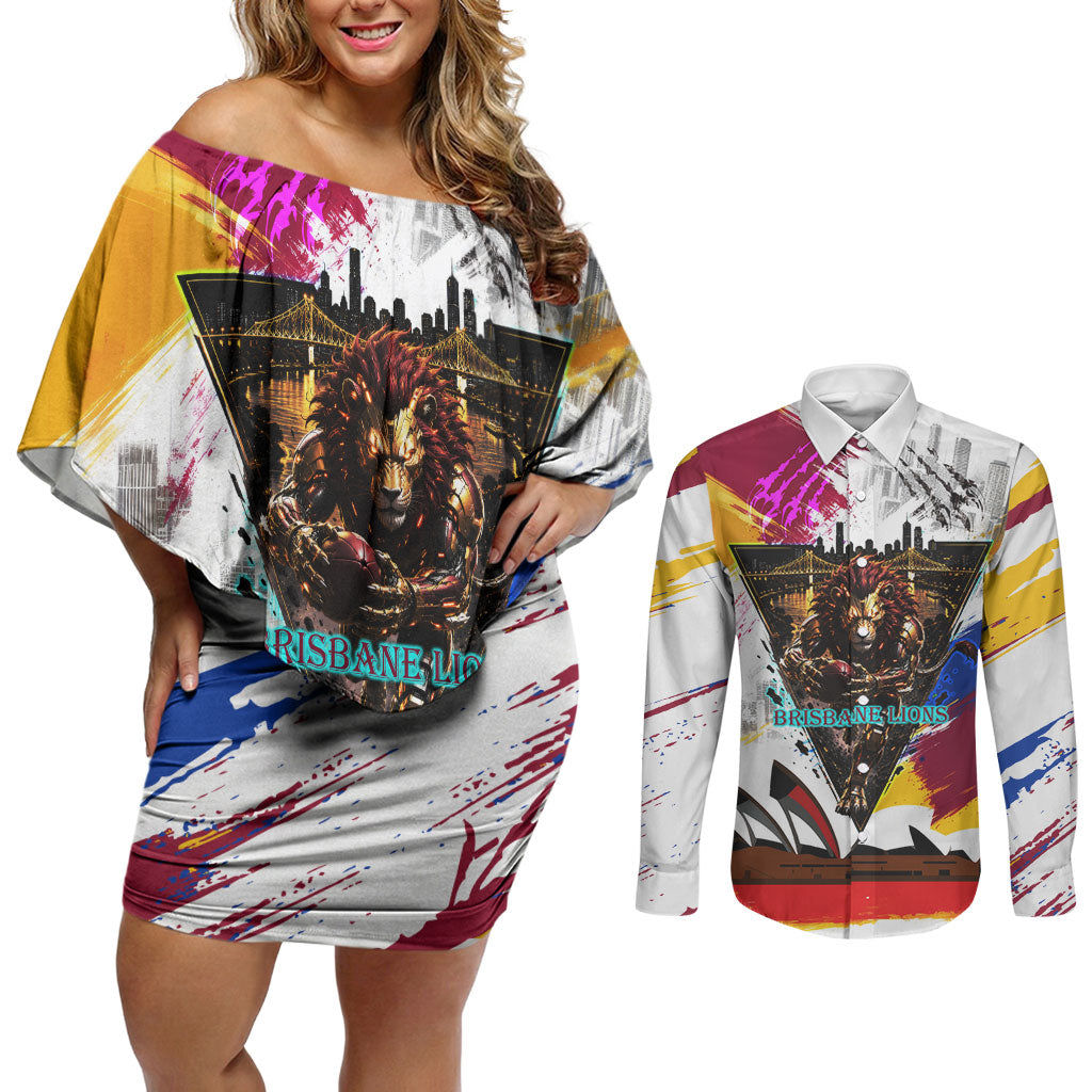 Personalised Brisbane Lions Football Couples Matching Off Shoulder Short Dress and Long Sleeve Button Shirt Australia City Skyline Graphic Fierce Mascot Art