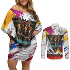 Personalised Brisbane Lions Football Couples Matching Off Shoulder Short Dress and Long Sleeve Button Shirt Australia City Skyline Graphic Fierce Mascot Art