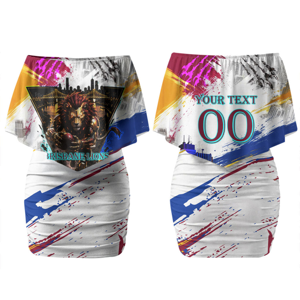 Personalised Brisbane Lions Football Couples Matching Off Shoulder Short Dress and Long Sleeve Button Shirt Australia City Skyline Graphic Fierce Mascot Art