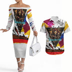 Personalised Brisbane Lions Football Couples Matching Off The Shoulder Long Sleeve Dress and Hawaiian Shirt Australia City Skyline Graphic Fierce Mascot Art