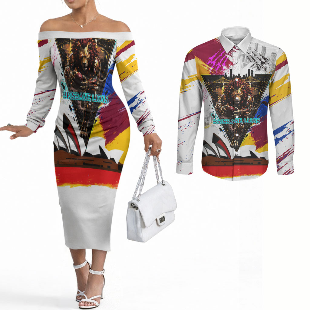 Personalised Brisbane Lions Football Couples Matching Off The Shoulder Long Sleeve Dress and Long Sleeve Button Shirt Australia City Skyline Graphic Fierce Mascot Art