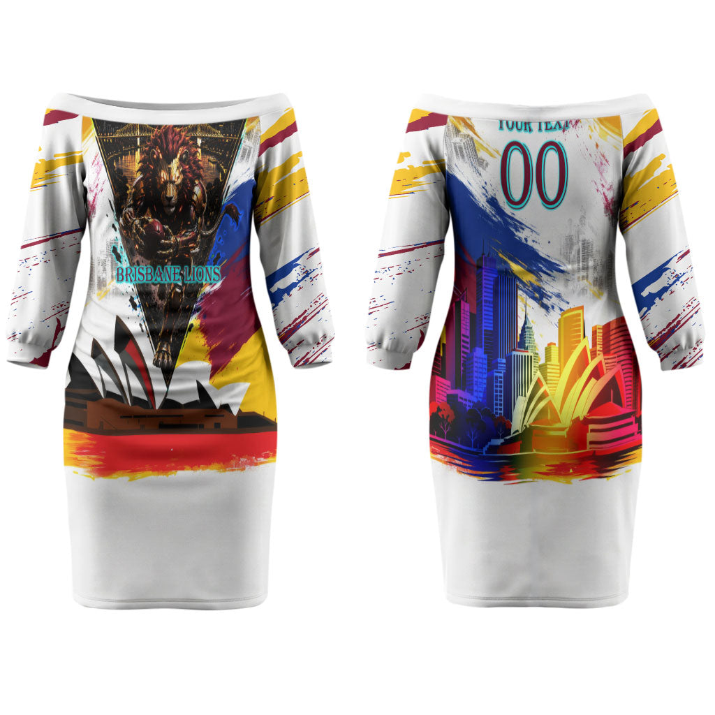 Personalised Brisbane Lions Football Couples Matching Off The Shoulder Long Sleeve Dress and Long Sleeve Button Shirt Australia City Skyline Graphic Fierce Mascot Art