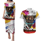 Personalised Brisbane Lions Football Couples Matching Puletasi and Hawaiian Shirt Australia City Skyline Graphic Fierce Mascot Art