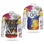 Personalised Brisbane Lions Football Couples Matching Puletasi and Long Sleeve Button Shirt Australia City Skyline Graphic Fierce Mascot Art