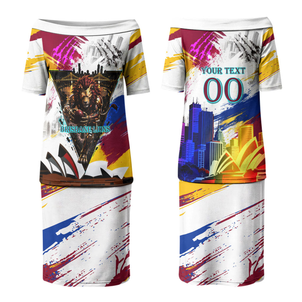 Personalised Brisbane Lions Football Couples Matching Puletasi and Long Sleeve Button Shirt Australia City Skyline Graphic Fierce Mascot Art