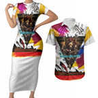 Personalised Brisbane Lions Football Couples Matching Short Sleeve Bodycon Dress and Hawaiian Shirt Australia City Skyline Graphic Fierce Mascot Art