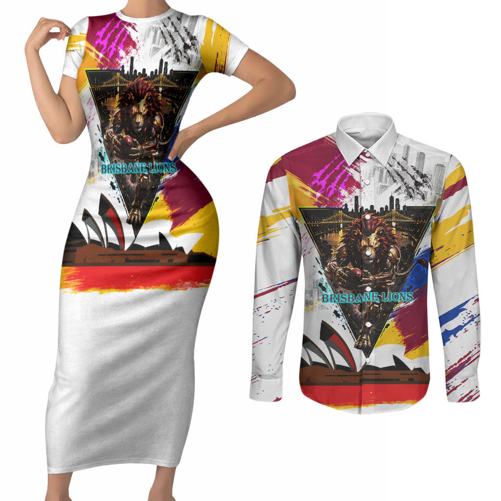 Personalised Brisbane Lions Football Couples Matching Short Sleeve Bodycon Dress and Long Sleeve Button Shirt Australia City Skyline Graphic Fierce Mascot Art