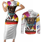 Personalised Brisbane Lions Football Couples Matching Short Sleeve Bodycon Dress and Long Sleeve Button Shirt Australia City Skyline Graphic Fierce Mascot Art