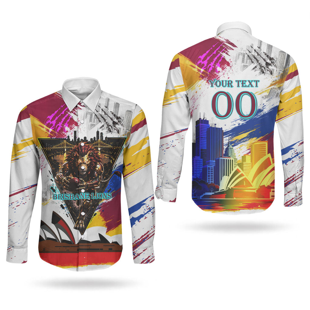 Personalised Brisbane Lions Football Couples Matching Short Sleeve Bodycon Dress and Long Sleeve Button Shirt Australia City Skyline Graphic Fierce Mascot Art