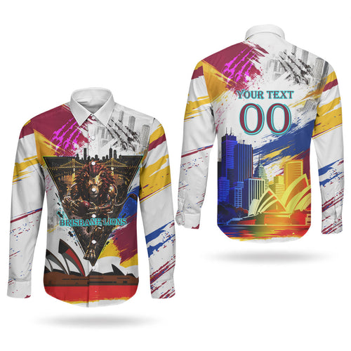 Personalised Brisbane Lions Football Couples Matching Short Sleeve Bodycon Dress and Long Sleeve Button Shirt Australia City Skyline Graphic Fierce Mascot Art