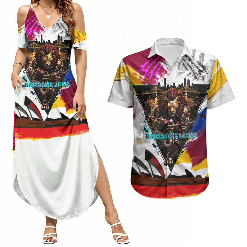 Personalised Brisbane Lions Football Couples Matching Summer Maxi Dress and Hawaiian Shirt Australia City Skyline Graphic Fierce Mascot Art