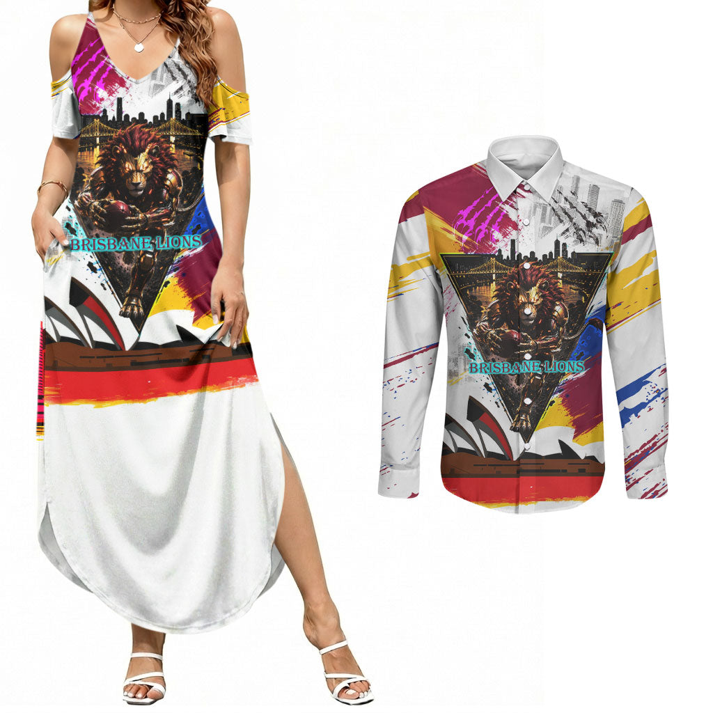 Personalised Brisbane Lions Football Couples Matching Summer Maxi Dress and Long Sleeve Button Shirt Australia City Skyline Graphic Fierce Mascot Art