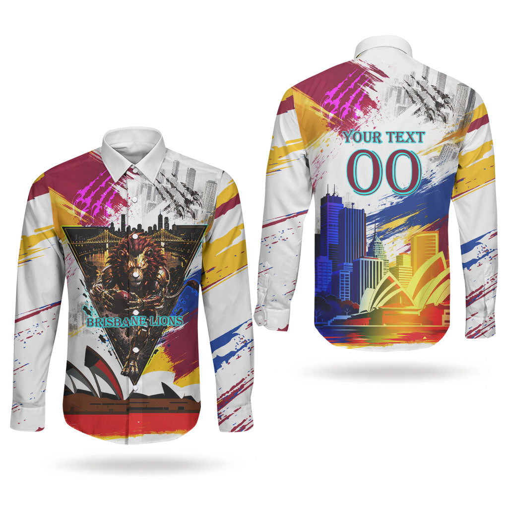 Personalised Brisbane Lions Football Couples Matching Summer Maxi Dress and Long Sleeve Button Shirt Australia City Skyline Graphic Fierce Mascot Art