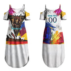 Personalised Brisbane Lions Football Couples Matching Summer Maxi Dress and Long Sleeve Button Shirt Australia City Skyline Graphic Fierce Mascot Art
