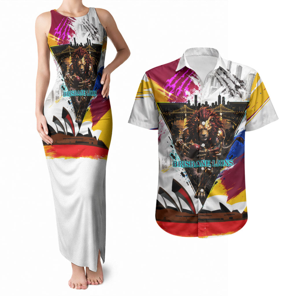Personalised Brisbane Lions Football Couples Matching Tank Maxi Dress and Hawaiian Shirt Australia City Skyline Graphic Fierce Mascot Art