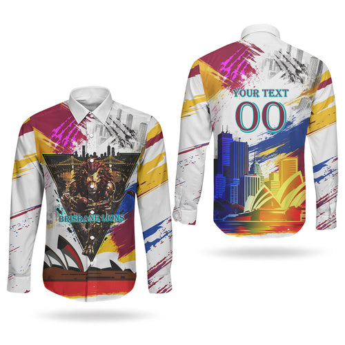 Personalised Brisbane Lions Football Couples Matching Tank Maxi Dress and Long Sleeve Button Shirt Australia City Skyline Graphic Fierce Mascot Art