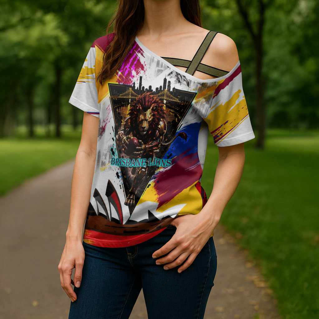 Personalised Brisbane Lions Football Cross Shoulder Shirt Australia City Skyline Graphic Fierce Mascot Art