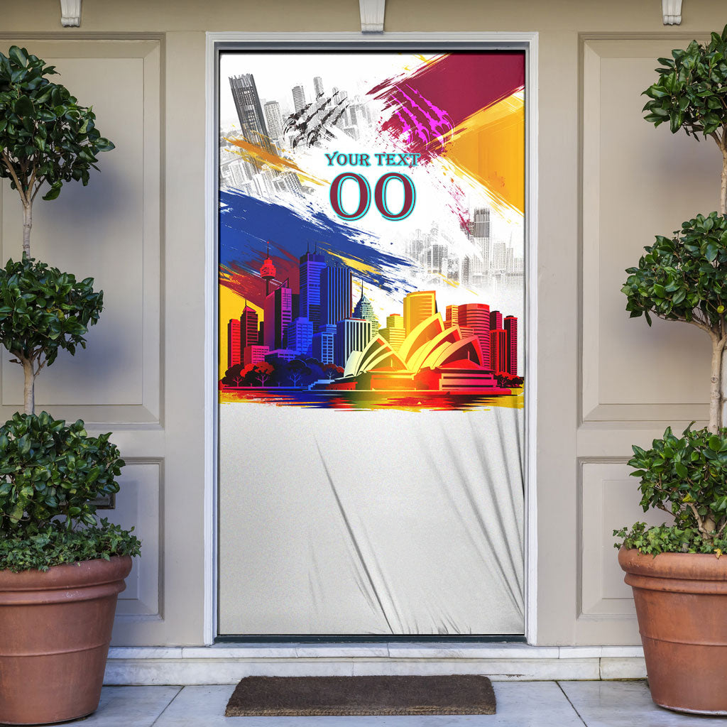 Personalised Brisbane Lions Football Door Cover Australia City Skyline Graphic Fierce Mascot Art