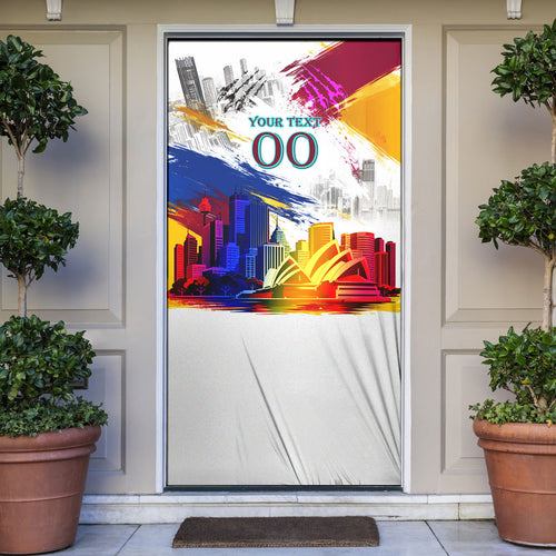 Personalised Brisbane Lions Football Door Cover Australia City Skyline Graphic Fierce Mascot Art