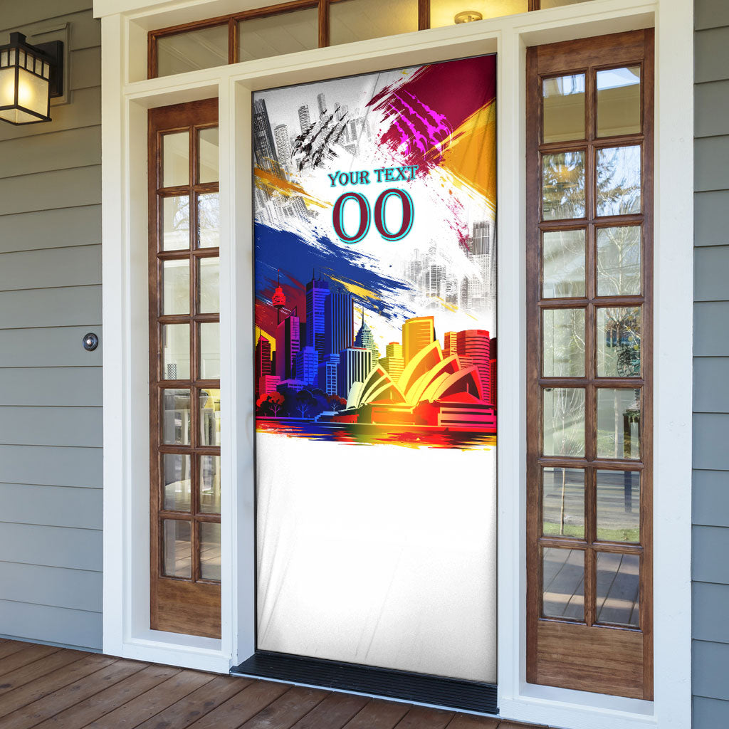 Personalised Brisbane Lions Football Door Cover Australia City Skyline Graphic Fierce Mascot Art