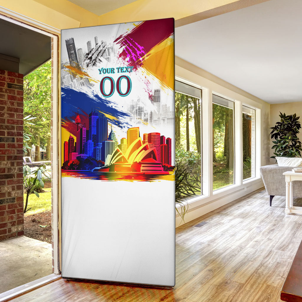 Personalised Brisbane Lions Football Door Cover Australia City Skyline Graphic Fierce Mascot Art
