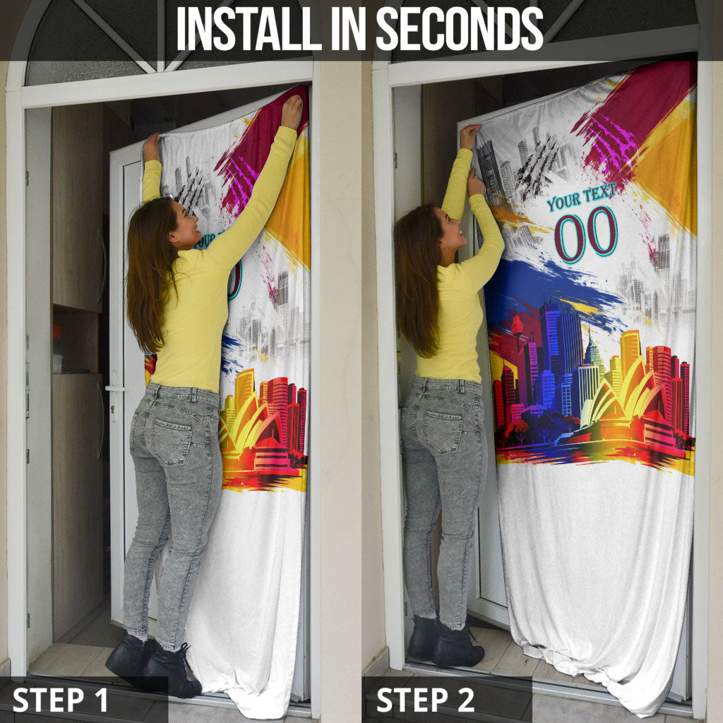Personalised Brisbane Lions Football Door Cover Australia City Skyline Graphic Fierce Mascot Art