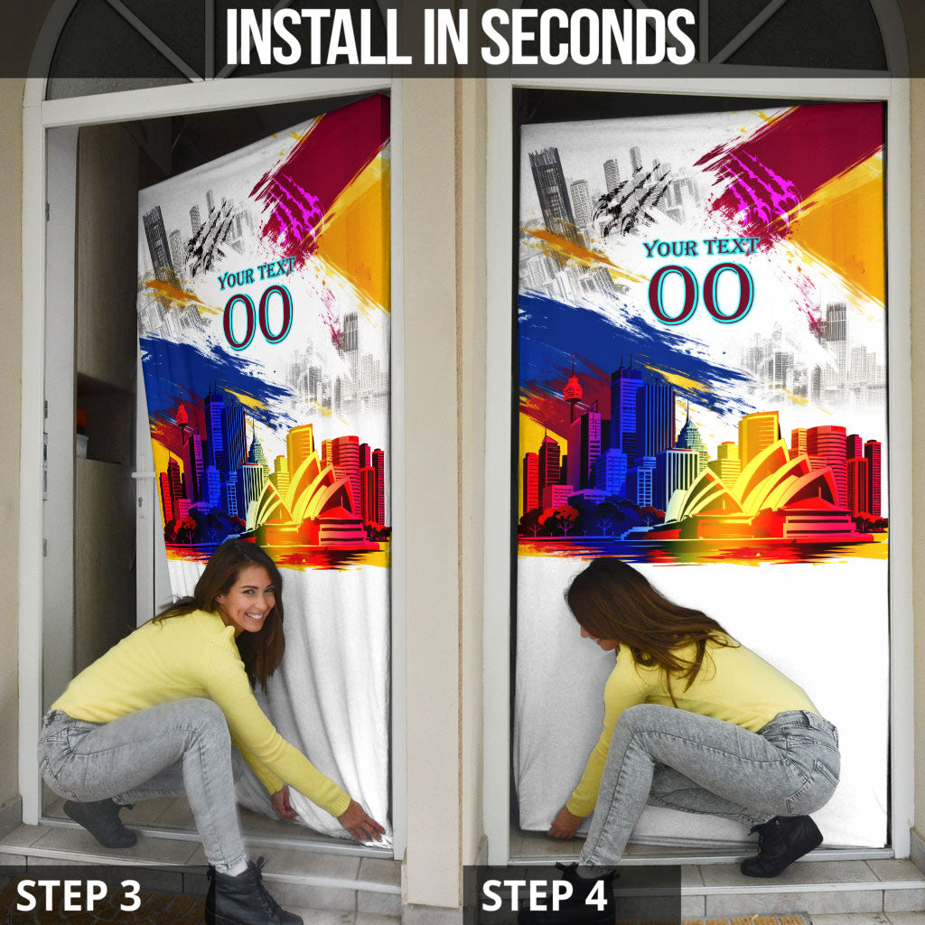 Personalised Brisbane Lions Football Door Cover Australia City Skyline Graphic Fierce Mascot Art