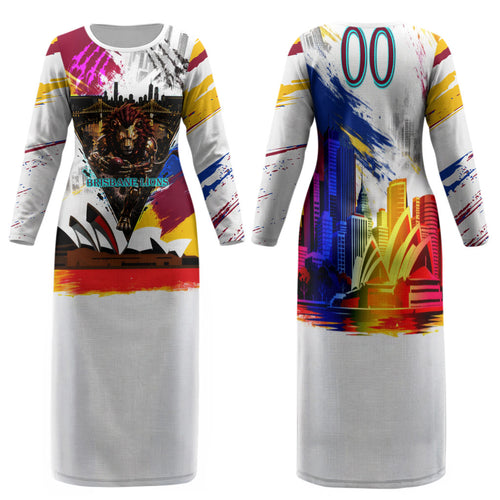 Personalised Brisbane Lions Football Family Matching Long Sleeve Bodycon Dress and Hawaiian Shirt Australia City Skyline Graphic Fierce Mascot Art
