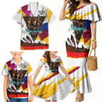 Personalised Brisbane Lions Football Family Matching Mermaid Dress and Hawaiian Shirt Australia City Skyline Graphic Fierce Mascot Art